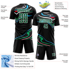 Laden Sie das Bild in den Galerie-Viewer, Custom Black Kelly Green-White Fluid Shapes Sublimation Soccer Uniform Jersey
