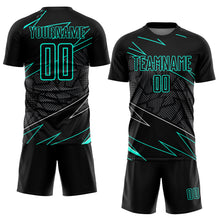 Laden Sie das Bild in den Galerie-Viewer, Custom Black Aqua Lines Sublimation Soccer Uniform Jersey
