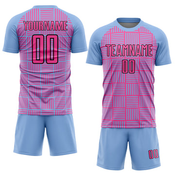 Custom Light Blue Pink-Black Lines Sublimation Soccer Uniform Jersey