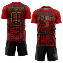 Загрузить изображение в средство просмотра галереи, Custom Red Black-Old Gold Lines Sublimation Soccer Uniform Jersey
