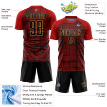 Загрузить изображение в средство просмотра галереи, Custom Red Black-Old Gold Lines Sublimation Soccer Uniform Jersey
