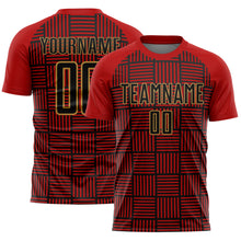 Загрузить изображение в средство просмотра галереи, Custom Red Black-Old Gold Lines Sublimation Soccer Uniform Jersey
