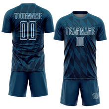 Загрузить изображение в средство просмотра галереи, Custom Navy White Geometric Shapes Sublimation Soccer Uniform Jersey
