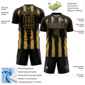 Custom Black Old Gold Abstract Stripes Sublimation Soccer Uniform Jersey