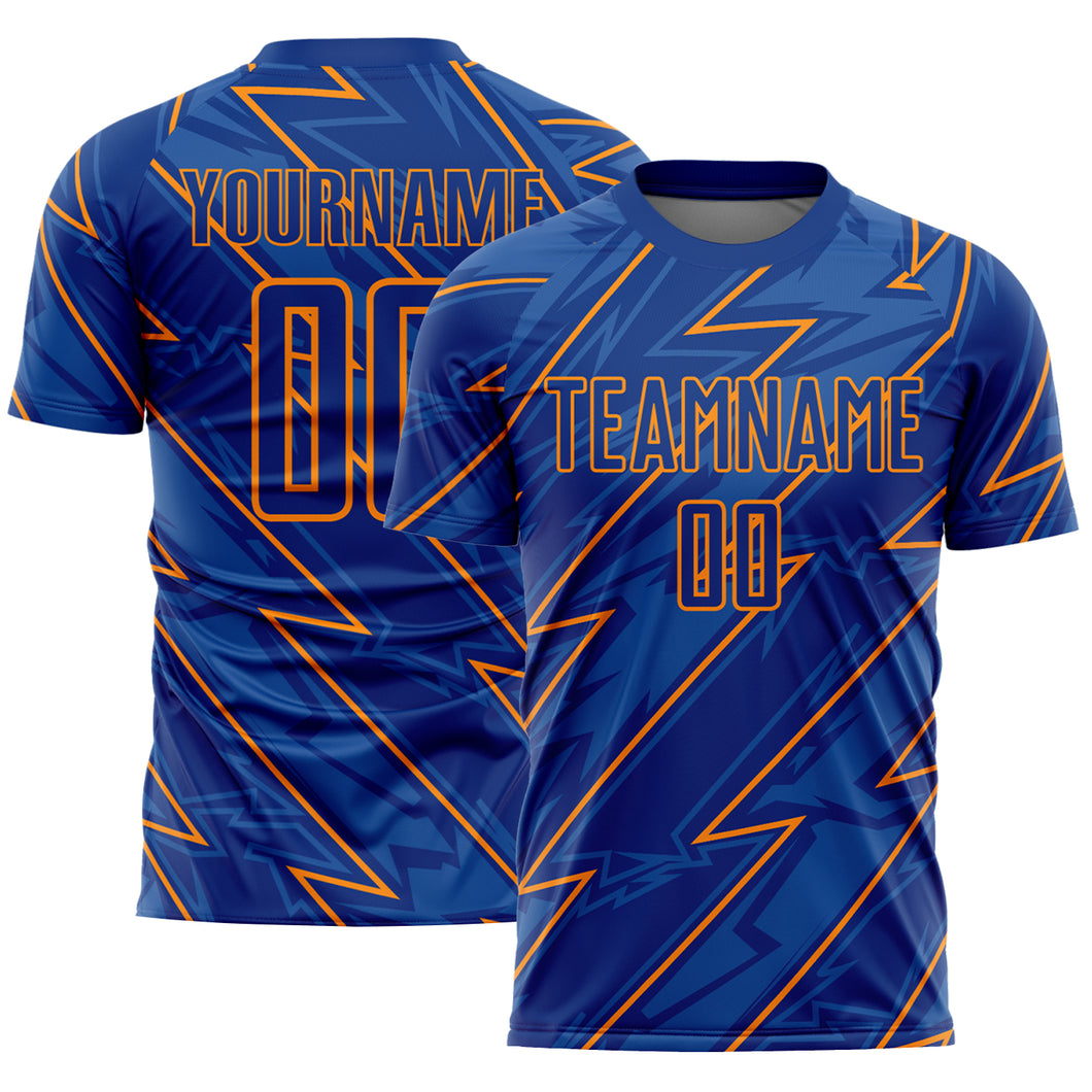 Custom Royal Bay Orange Lightning Sublimation Soccer Uniform Jersey