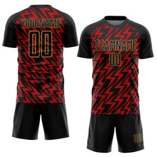 Load image into Gallery viewer, Custom Black Red-Old Gold Lightning Sublimation Soccer Uniform Jersey
