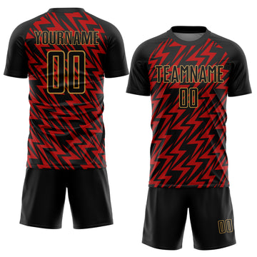 Custom Black Red-Old Gold Lightning Sublimation Soccer Uniform Jersey