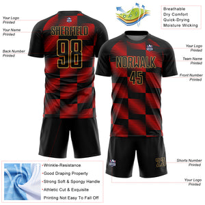 Custom Black Red-Old Gold Lines Sublimation Soccer Uniform Jersey