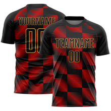 Загрузить изображение в средство просмотра галереи, Custom Black Red-Old Gold Lines Sublimation Soccer Uniform Jersey
