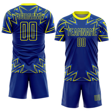 Custom Royal Neon Yellow Geometric Shapes Sublimation Soccer Uniform Jersey