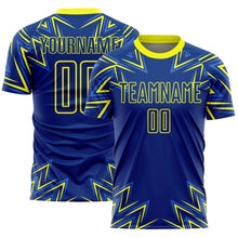 Charger l&#39;image dans la galerie, Custom Royal Neon Yellow Geometric Shapes Sublimation Soccer Uniform Jersey
