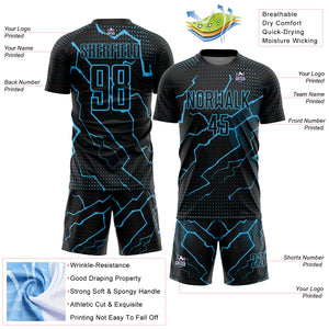 Custom Black Sky Blue Lightning Sublimation Soccer Uniform Jersey