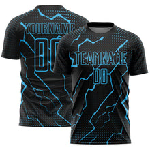 Load image into Gallery viewer, Custom Black Sky Blue Lightning Sublimation Soccer Uniform Jersey
