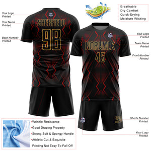 Custom Black Red-Old Gold Geometric Shapes Sublimation Soccer Uniform Jersey