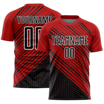 Custom Red Black-White Diagonal Lines Sublimation Soccer Uniform Jersey