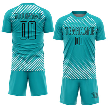 Custom Aqua Black Diagonal Lines Sublimation Soccer Uniform Jersey