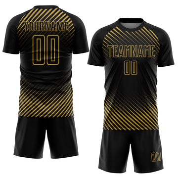 Custom Black Old Gold Diagonal Lines Sublimation Soccer Uniform Jersey