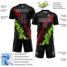 Load image into Gallery viewer, Custom Black Red-Neon Green Dripping Splatter Art Sublimation Soccer Uniform Jersey
