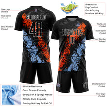 Load image into Gallery viewer, Custom Black Orange-Light Blue Dripping Splatter Art Sublimation Soccer Uniform Jersey
