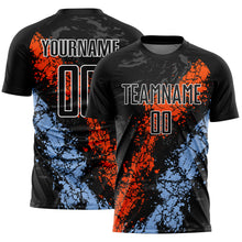 Load image into Gallery viewer, Custom Black Orange-Light Blue Dripping Splatter Art Sublimation Soccer Uniform Jersey
