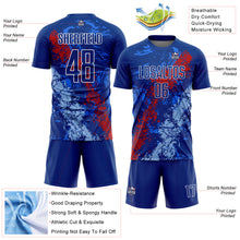 Charger l&#39;image dans la galerie, Custom Royal Red-Light Blue Dripping Splatter Art Sublimation Soccer Uniform Jersey
