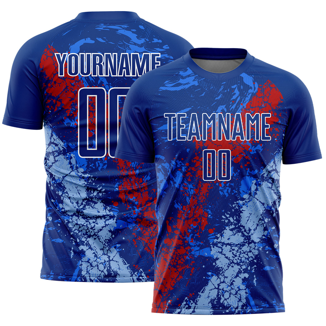 Custom Royal Red-Light Blue Dripping Splatter Art Sublimation Soccer Uniform Jersey