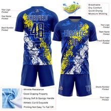 Load image into Gallery viewer, Custom Royal Light Yellow-White Dripping Splatter Art Sublimation Soccer Uniform Jersey
