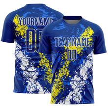 Загрузить изображение в средство просмотра галереи, Custom Royal Light Yellow-White Dripping Splatter Art Sublimation Soccer Uniform Jersey
