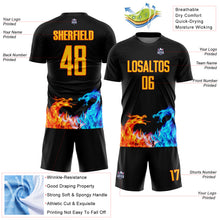 Load image into Gallery viewer, Custom Black Yellow-Orange Dragon Flame Sublimation Soccer Uniform Jersey
