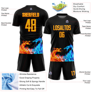 Custom Black Yellow-Orange Dragon Flame Sublimation Soccer Uniform Jersey