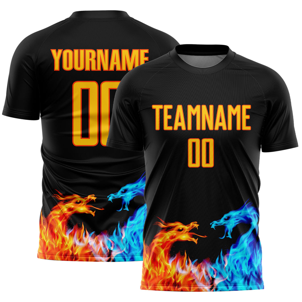 Custom Black Yellow-Orange Dragon Flame Sublimation Soccer Uniform Jersey