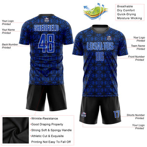 Custom Thunder Blue Black-White Geometric Shapes Sublimation Soccer Uniform Jersey