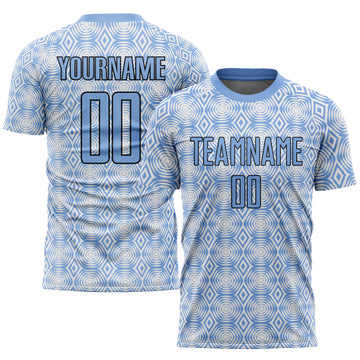 Custom Light Blue Black-White Geometric Shapes Sublimation Soccer Uniform Jersey