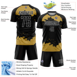 Custom Black Old Gold-White Abstract Fragment Art Sublimation Soccer Uniform Jersey