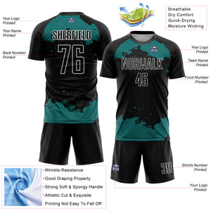 Custom Black Teal-White Abstract Fragment Art Sublimation Soccer Uniform Jersey