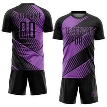 Загрузить изображение в средство просмотра галереи, Custom Black Medium Purple Line Sublimation Soccer Uniform Jersey
