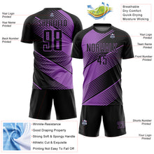 Загрузить изображение в средство просмотра галереи, Custom Black Medium Purple Line Sublimation Soccer Uniform Jersey
