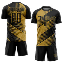 Загрузить изображение в средство просмотра галереи, Custom Black Old Gold Line Sublimation Soccer Uniform Jersey
