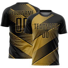 Загрузить изображение в средство просмотра галереи, Custom Black Old Gold Line Sublimation Soccer Uniform Jersey
