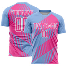 Загрузить изображение в средство просмотра галереи, Custom Light Blue Pink-White Line Sublimation Soccer Uniform Jersey
