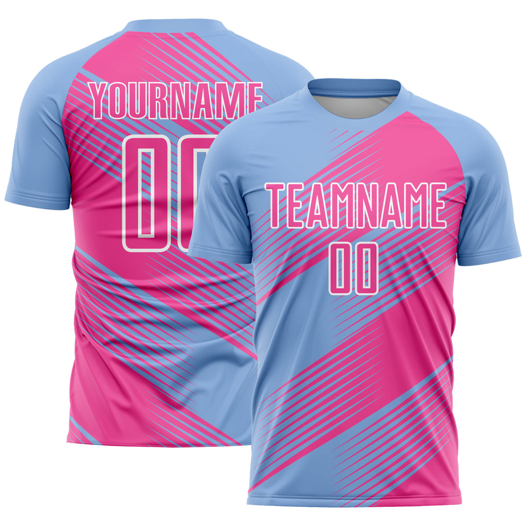 Custom Light Blue Pink-White Line Sublimation Soccer Uniform Jersey