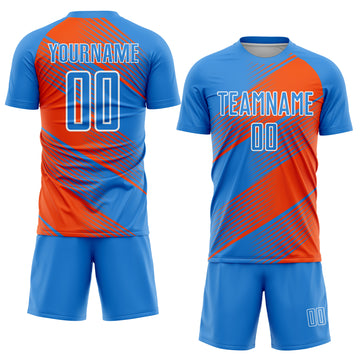 Custom Electric Blue Orange-White Line Sublimation Soccer Uniform Jersey