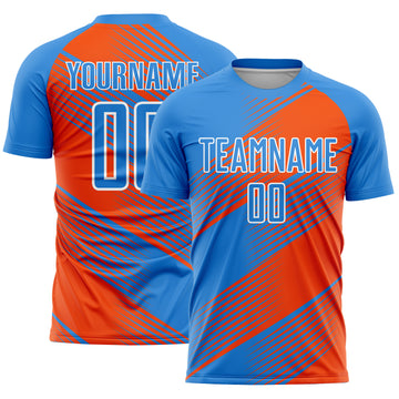 Custom Electric Blue Orange-White Line Sublimation Soccer Uniform Jersey