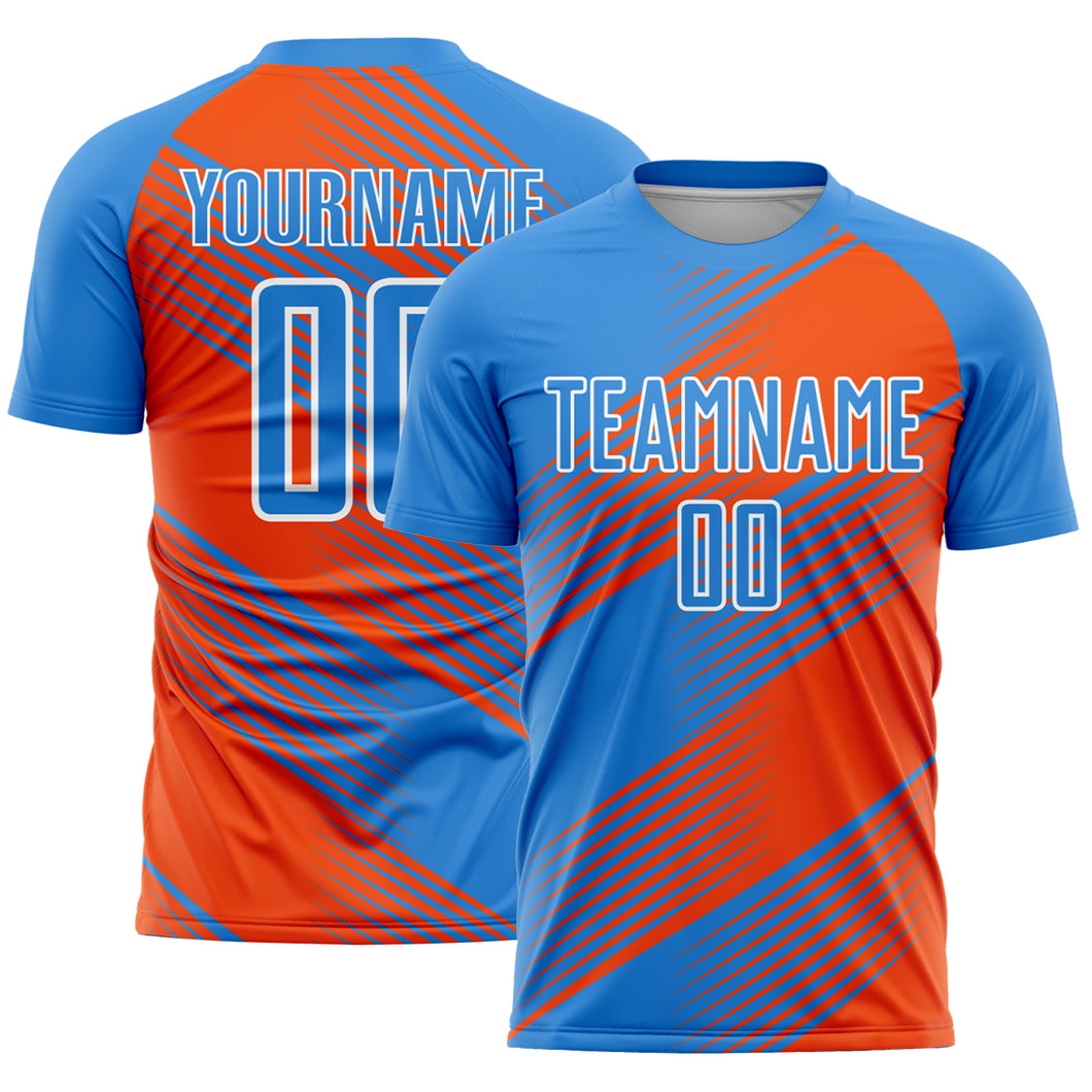 Custom Powder Blue Orange-White Line Sublimation Soccer Uniform Jersey