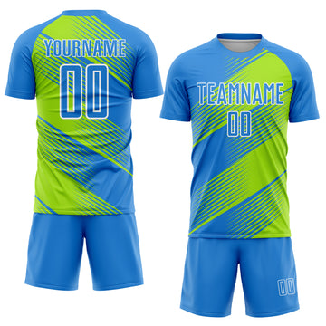 Custom Electric Blue Neon Green-White Line Sublimation Soccer Uniform Jersey