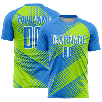 Custom Electric Blue Neon Green-White Line Sublimation Soccer Uniform Jersey