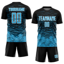 Загрузить изображение в средство просмотра галереи, Custom Black Sky Blue-White Line Sublimation Soccer Uniform Jersey
