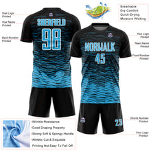 Загрузить изображение в средство просмотра галереи, Custom Black Sky Blue-White Line Sublimation Soccer Uniform Jersey
