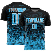 Загрузить изображение в средство просмотра галереи, Custom Black Sky Blue-White Line Sublimation Soccer Uniform Jersey
