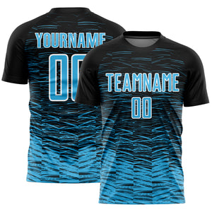 Custom Black Sky Blue-White Line Sublimation Soccer Uniform Jersey